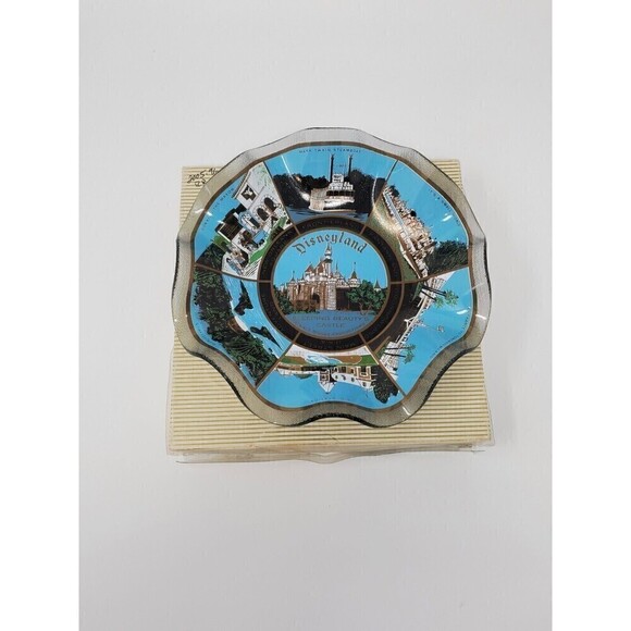 VINTAGE DISNEYLAND GLASS SCALLOP EDGE DISH TRAY WITH BOX HOVER ART - Picture 9 of 14